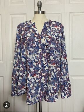 Charter Club Paisley Button-Up Top With Flat Chest Pockets And Gold Buttons